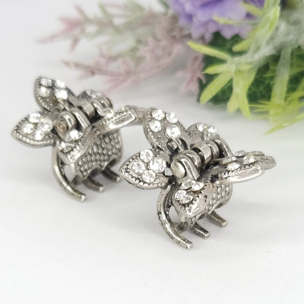 2 Silver Crystal Flower Hair Clips or Barrettes